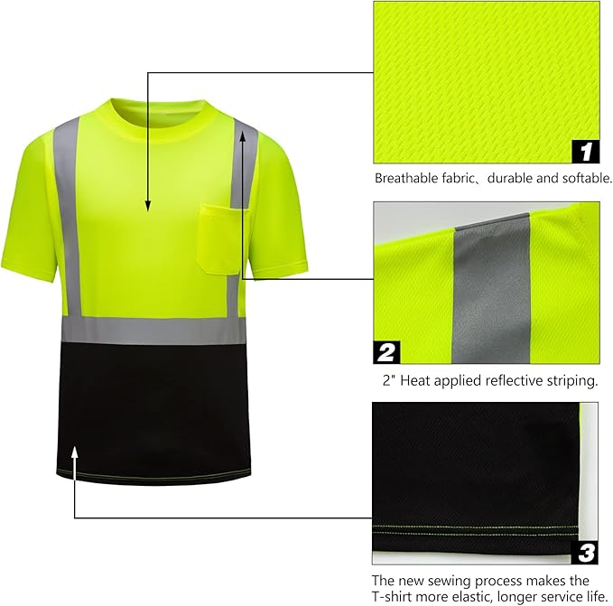 High Visibility Shirts Quick Dry Safety T Shirts with Reflective Strips and Pocket Short Sleeve Mesh Hi Vis Construction Work Class 2 Shirt for Men/Women Black Bottom Lime,Large
