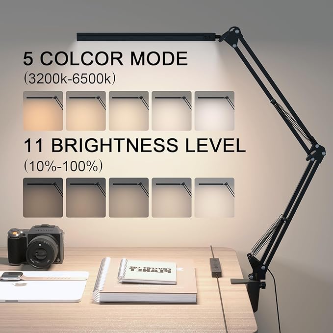 LED Desk Lamp for Home Office and Round Base, Clamp-On with 5 Light Modes & Auto Shut Off | 14W Adjustable Brightness 5000K Eye-Caring Lighting for Study/Bedroom/Computer Desk