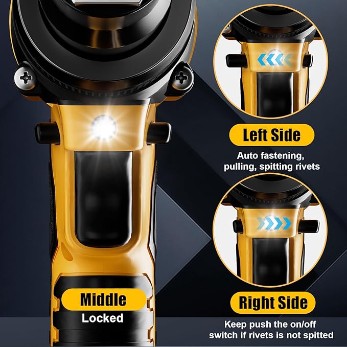 Rivet Gun Compatible with Dewalt 20V Battery, Cordless Rivet Tool with 3 Size (1/8", 5/32", 3/16") Aluminum Rivets, Brushless Motor Rivet Gun Kit Nose Piece, Led Light, Tool Only