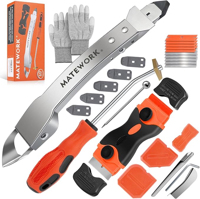 Caulking Tool Kit, Stainless Steel Caulk Remover Caulking Tool Set with Cut Resistant Gloves, Scraper, Silicone Caulking Tools, 4 in 1 Caulking Finishing Tool for Bathroom Kitchen Living Room