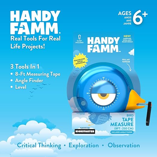 Handy Famm 8Ft Animal Shaped Kids Tape Measurer, Fun Level and Protractor Angle Finder, Educational Children's Tools, Small Measuring Tapes for Learning Early Math Skills, Ages 3 and up, Blue Bird