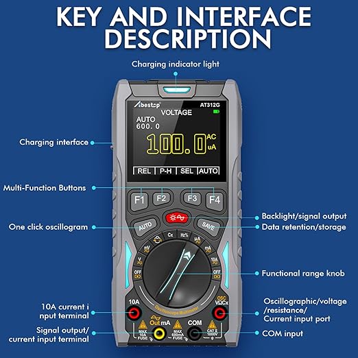 Abestop AT312G Oscilloscope Multimeter 3 in 1 Handheld Oscilloscope with 12MHz Bandwidth 50MSa/s Sampling Rate Built-in Generator Voltage Tester Multimeter Function