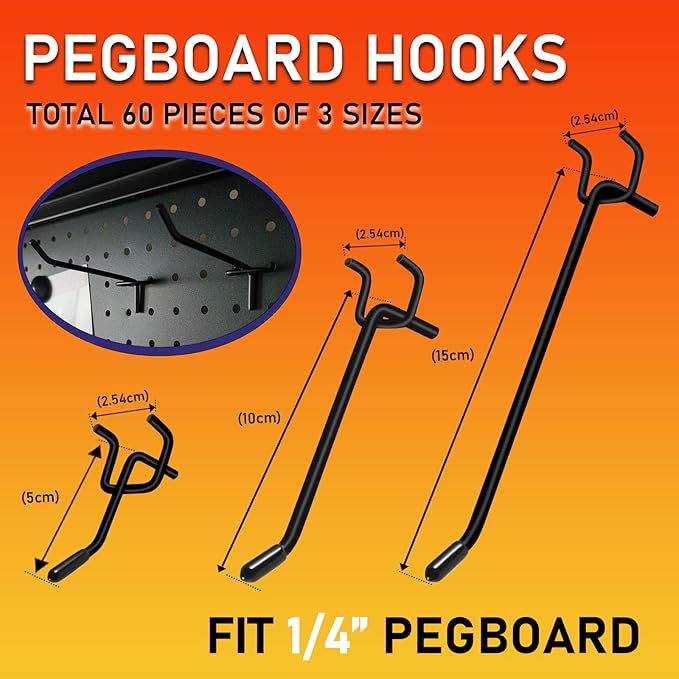Dualshine 60Pcs Black Pegboard Hooks, 2/4/6 Inch Pegboard Wall Hook Heavy Duty PegBoard Shelving Hook Fit 1/4" PegBoard Metal Hanging Pegboard Display Hook Holder Organizer for Kitchen Store
