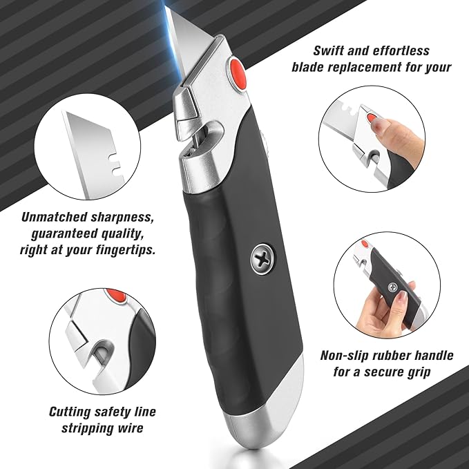 DIYSELF 20 Pack Box Cutter, Rubber Handle Utility Knife, Box Cutter Retractable Heavy Duty, Box Cutter Knife for Boxes, Cardboard, SK5 Steel Blades, Razon knife for Warehouse, Home, Box Cutters Bulk