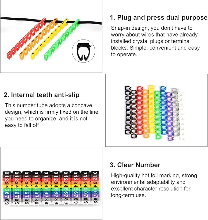 100Pcs Digital Tube Wire Labels Cable Markers Plastic Clip-On Colorful Numbered 0-9 C-Shape for Multi-Type Cables (4mm²)
