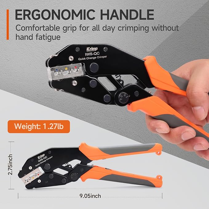 iCrimp Rachet Crimping Tool Set with Wire Stripper, Quick Change Jaws for Open Barrel Terminals, Insulated& Non-insulated Terminals, Solar Terminals, End Sleeves Ferrules- 8PCS included