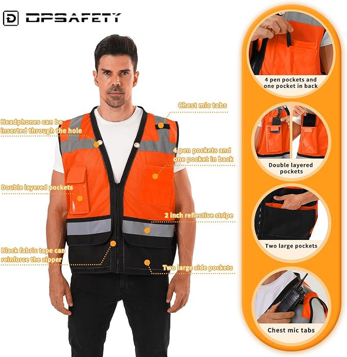 Reflective Safety vest With back plan pocket,High visibility Class 2 Heavy Duty Surveyor Vest with Zipper,Hi Vis Construction Work Vest for Men＆Women ANSI/ISEA(Orange-Bottom,3XL)