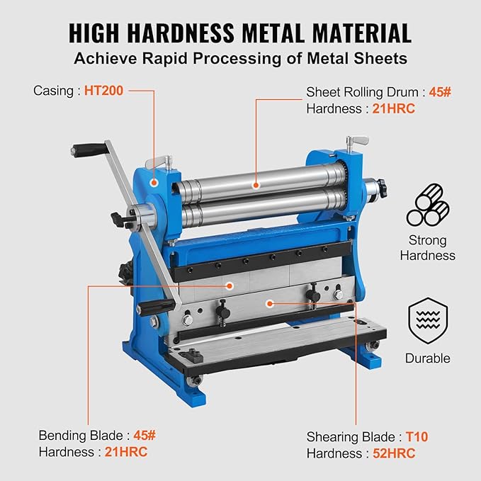 VEVOR Sheet Metal Brake, 12-inch, 3-In-1 Combination Shear Brake Roll Machine, 20-Gauge Capacity Shear Press Brake with 90° Max Bending Angle, Shears and Slip Roll Machine for Shear Bending Rolling