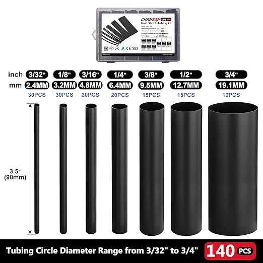 Chanzon 140 Pcs Heat Shrink Tubing Kit, 3:1 Black Sleeving Heat Shrink Wrap Tubing with Length 3.5" (inch), Marine Grade Electrical Waterproof Polyolefin Heat-Shrink Tube
