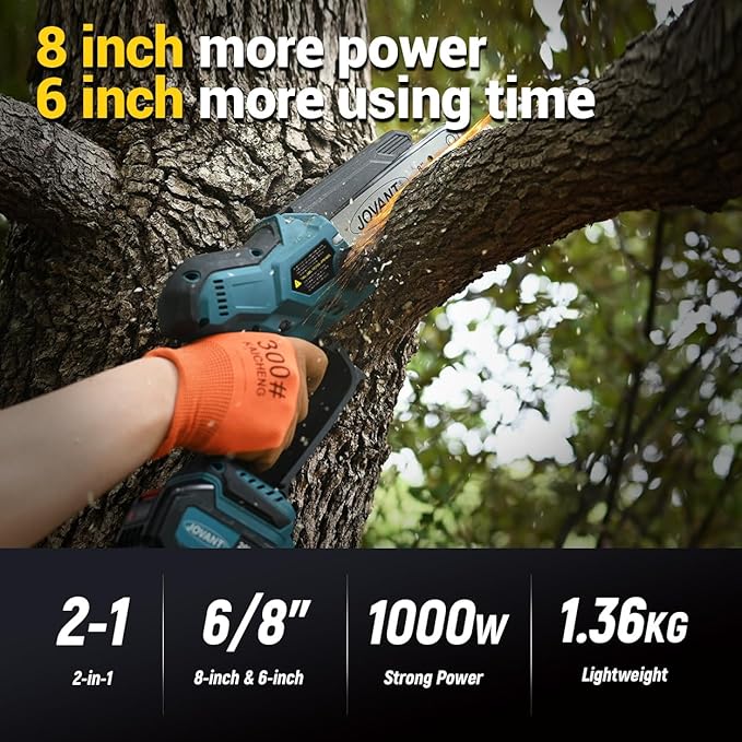 2-in-1 Chainsaw,Cordless Pole Saw,8 Inch&6 Inch Chain Saw with 4A Rechargeable Battery,Battery Powered Handheld Chainsaw for Tree Trimming and Wood Cutting
