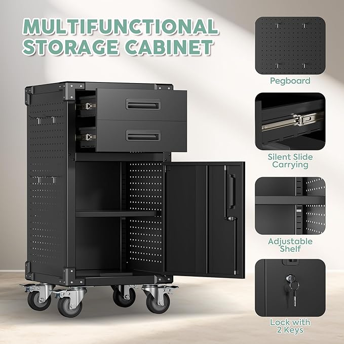 Garage Storage Cabinet, Metal Storage Cabinet with 1 Locking Door and 2 Drawers, Heavy Duty Rolling Workbench Table with Wheels and Pegboards for Garage, Office and Tool Room