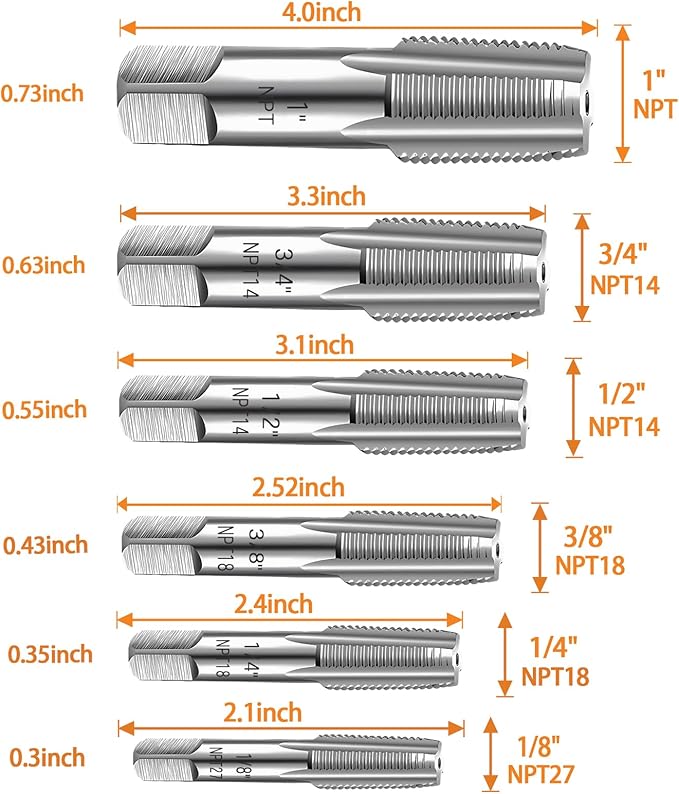6-Piece NPT Pipe Tap Set, Precision Carbon Steel NPT Tap Set for Clean Accurate Threads, 1", 3/4", 1/2", 3/8", 1/4", 1/8" NPT Tap, Perfect for Plumbers Mechanics DIYers, with Durable Plastic Case