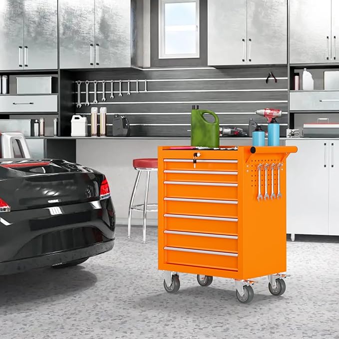 7 Drawers Rolling Tool Chest, Portable Storage Tool Box with Wheels, Tool Chest with Lock for Warehouse, Garage, Repair Shop and Tool Room