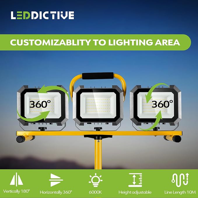 30000LM Work Lights with Stand, IP66 Waterproof 6000K LED Work Light with Foldable Tripod Stand, 3 Head Portable Work Light with Individual Switch for Indoor Outdoor Lighting