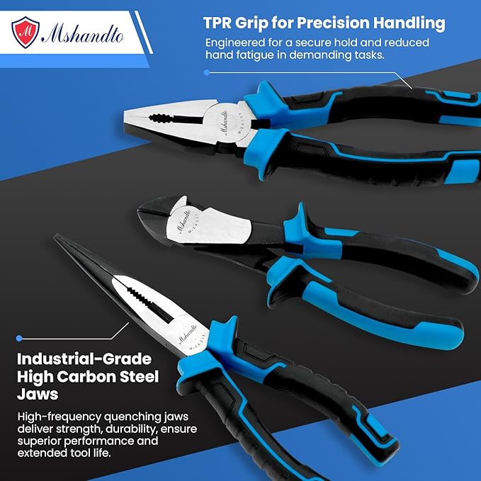 3 Pieces Plier Set, Including 8" Needle Nose Pliers, 8" Linesman Pliers and 7" Diagonal Cutting Pliers, Premium Cr-V Construction for Plumbing, and General Applications Multi-use Tools