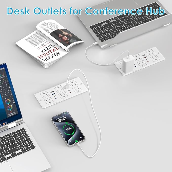 Recessed Power Strip with PD 30W Fast Charging, Conference Desk Flush Mount Outlets Plug in 6 Outlets & 8 USB Ports,3FT Cord Furniture Drawer Outlet White