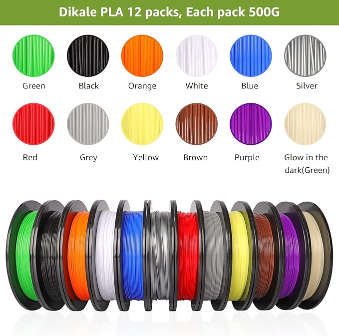 PLA Pro 3D Printer Filament Packs 1.75mm, dikale 12 Packs Assorted Colors, Neatly Wound 500g(1.1lbs) per Spool Refills PLA+, in Total 6KG Bundles, Fit for FDM Ender 3 3D Printer etc