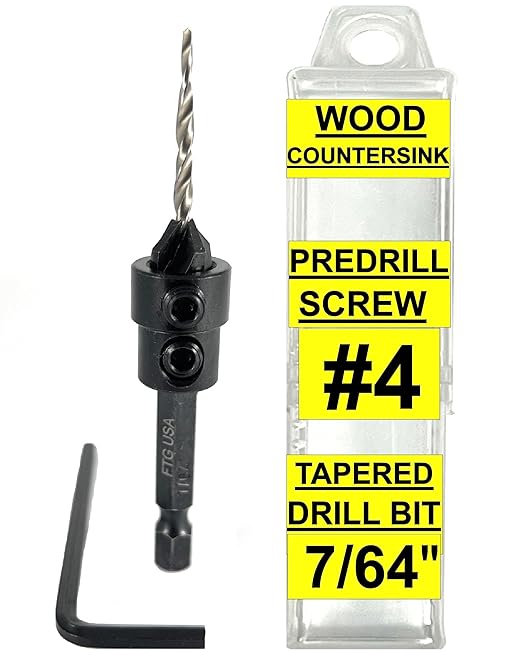 FTG USA Countersink Drill Bit for Wood with Tapered Drill Bit #4 (7/64")