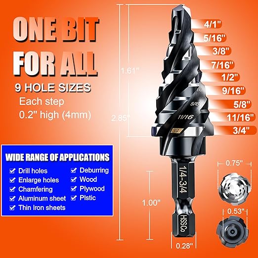 Four Spiral Flute Step Drill Bit for Metal,M35 Cobalt Unibit Step Drill Bit Set 1/4"-3/4"(9 Sizes),Wear-Resistant AlTiN Coated,1/4" Hex Shank for Metal, Stainless Steel, Aluminum, Plastic