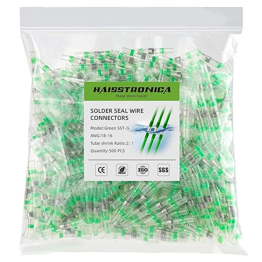 haisstronica 500PCS Solder Seal Wire Connectors, Green AWG 18-16，Marine Grade Heat Shrink Butt Splice Connectors for Electrical, Stereo, Corrosion and Weatherproof