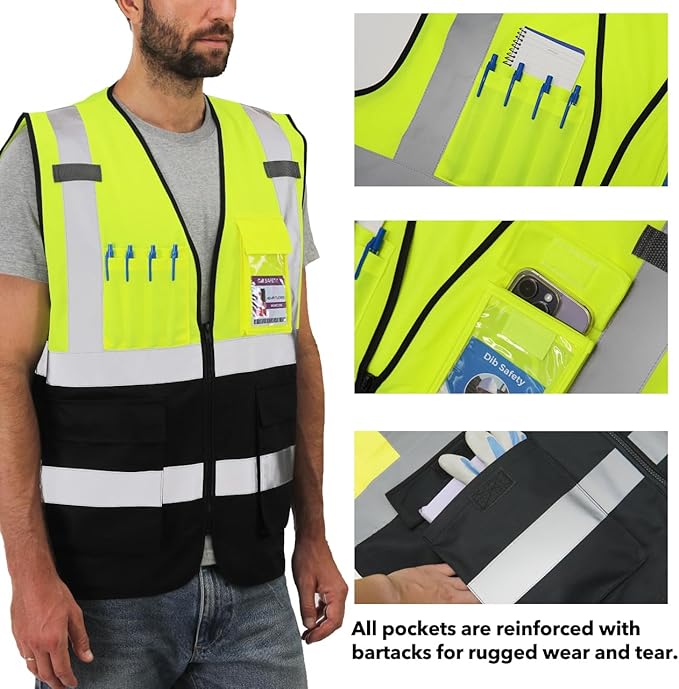 Dib Safety Reflective Vest High Visibility with Pockets and Zipper, Yellow and Black 2XL