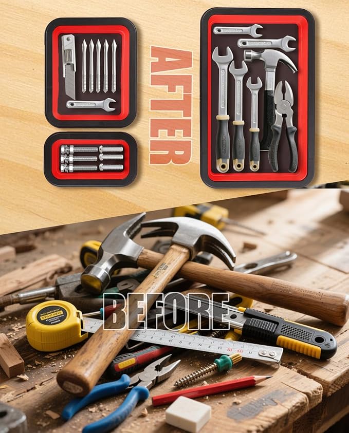 6 Pack Collapsible Magnetic Tray & Telescoping Magnetic Pickup Tool, 3 Different Size Magnetic Parts Tray for Organizing Screws, Bolts, Nuts, Washers, Pins, and Other Small Metal Parts