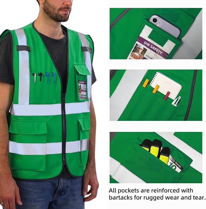 Dib Safety Reflective Vest High Visibility with Pockets and Zipper, Green 2XL