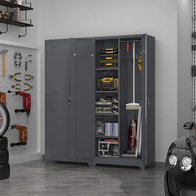72.8" H Metal Storage Cabinet with Lockable Doors, Functional Garage Storage Cabinets, Cleaning Supply Tool Cabinets with Removable Pegboard Hanging Rod & S-Hooks, Grey