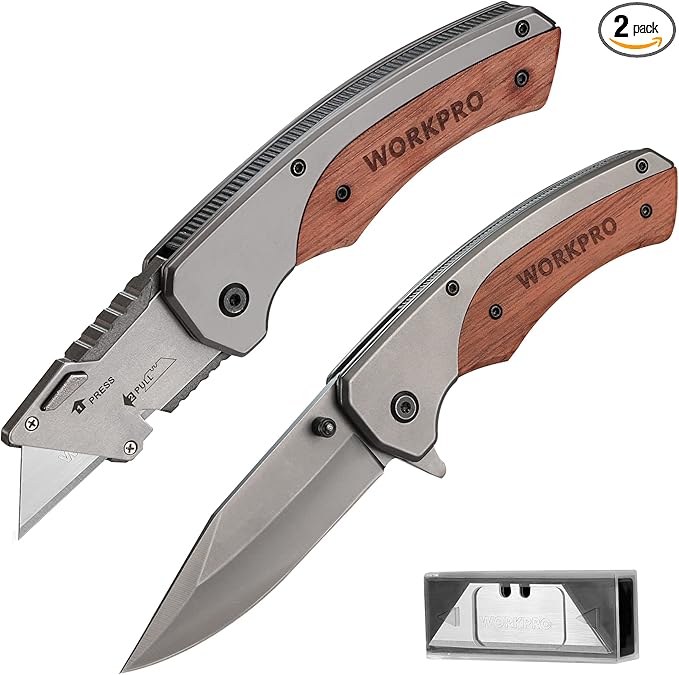 WORKPRO Folding Utility Knife & EDC Pocket Knife, Quick-Change Wood Handle Razor Box Cutter and Foldable Knife Kit with Extra 10PC SK5 Blades for Indoor and Outdoor Activities
