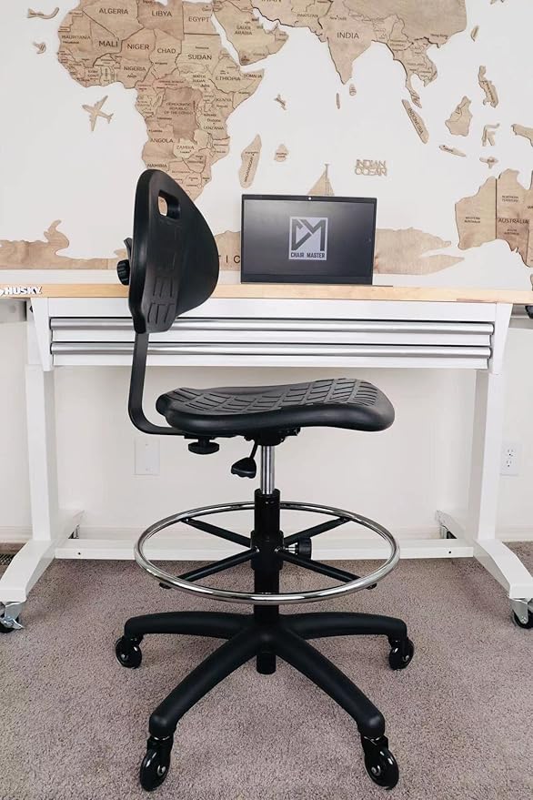 CHAIR MASTER Drafting Stool - Easy to Clean! Ergonomic Polyurethane Chair. Seat Height Adjustable w/Heavy Duty Footring for Home, Automotive, Lab, Cleanroom (Soft Roller Blade Casters, Tall Stool)
