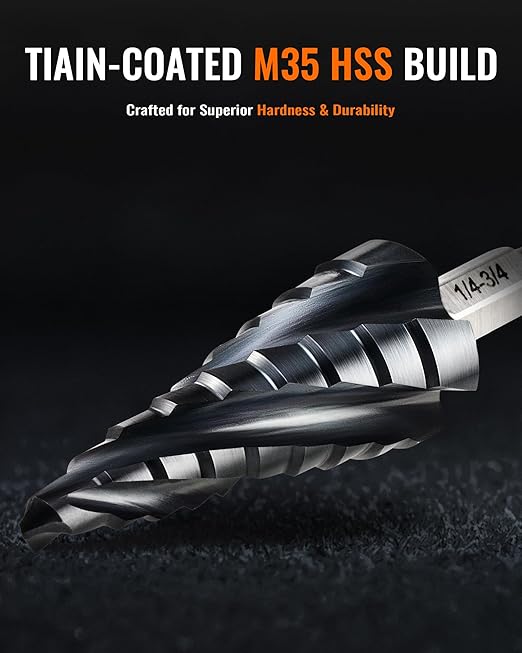 ZELCAN 9 Sizes M35 Cobalt Step Drill Bit, 1/4" to 3/4" Four Spiral Flute Step Drill Bit for Metal, Titanium-Coated HSS Step Bit with 1/4" Hex Shank for Stainless Steel Aluminum Copper Wood Plastic