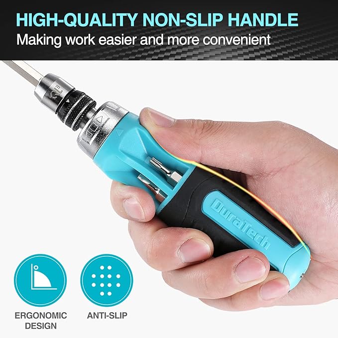DURATECH Ratcheting Screwdriver, 12-in-1 Multi-bit Screw Drivers, Premium S2 Steel, Innovated Bits Quick-Load Mechanism, with Phillips, Slotted, Torx, Square Bits Stored in Handle