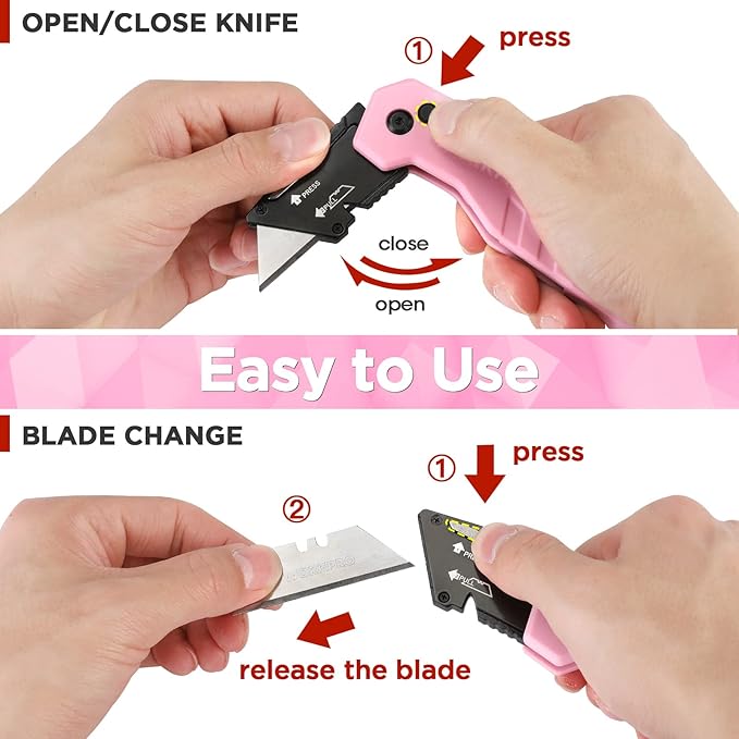 WORKPRO Folding Utility Knife, Quick Change Box Cutter, Razor Knife for Cartons, Cardboard, Boxes, Blade Storage in Aluminum Handle, 13 Extra Blades Included - Pink Ribbon
