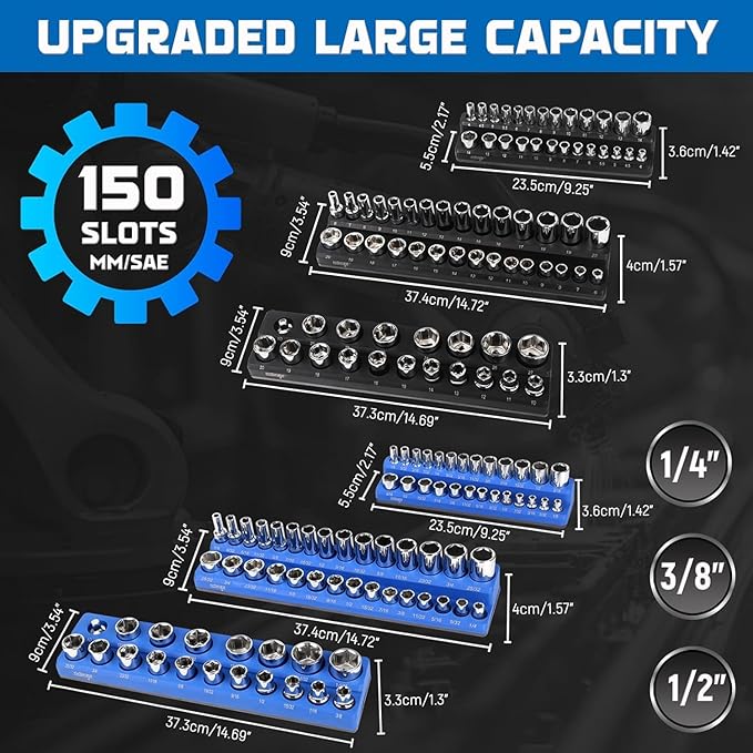 DISEN Magnetic Socket Organizer Set 6PCS Socket Holder Holds 150 Pieces 1/4", 3/8", 1/2" Drive Metric & SAE Socket Trays for Tool Box Drawer (Socket not Included)
