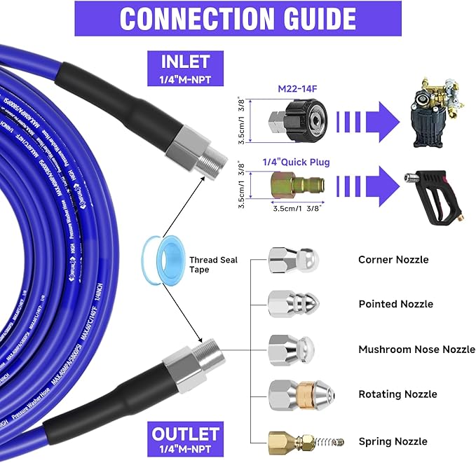 NIFUAL 50FT Sewer Jetter Kit for Pressure Washer, 5800PSI Pressure Drain Cleaner Hose 1/4 Inch NPT Corner, Rotating and Button Hose Sewer Jetting Nozzle Waterproof Tape Pearl Corsage Pin Spanner Glove
