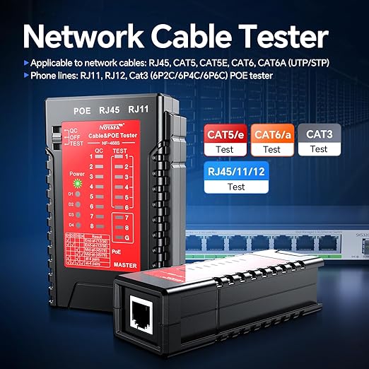 NOYAFA NF-468S Network Cable Tester, RJ12 RJ11 RJ45 Ethernet Cable Tester for CAT5 CAT5E CAT6 CAT6A, POE Tester Continuity UTP/STP Cable Toner LAN Telephone line CAT3 Cable Network Tools