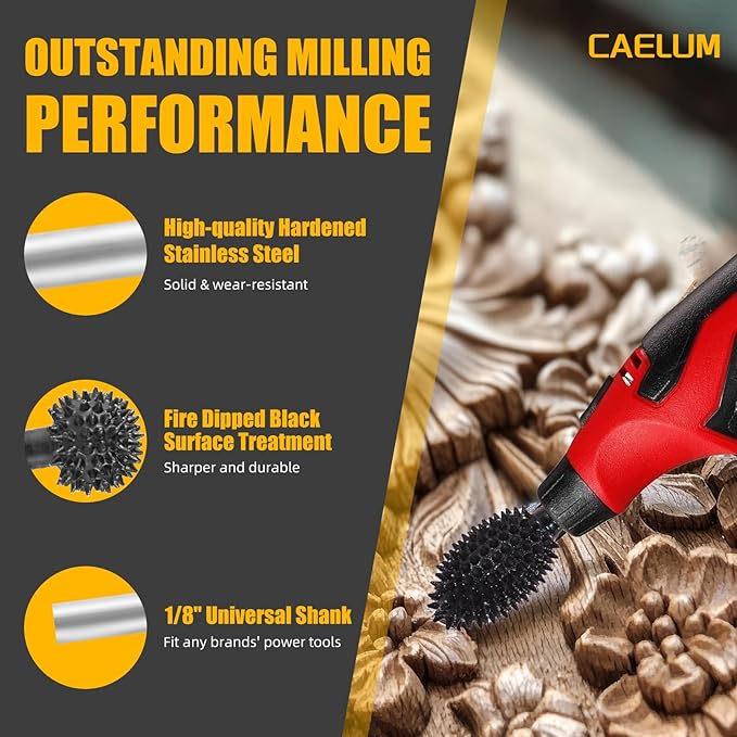 CAELUM 3 Pcs Rotary Burr Set, 1/8" Shaft Die Grinder Bits for Woodworking, Attachment for Dremel, Foredom, DeWalt, Milwaukee, Carving Burrs for Carving Engraving in Wood, Rubber, Plastic