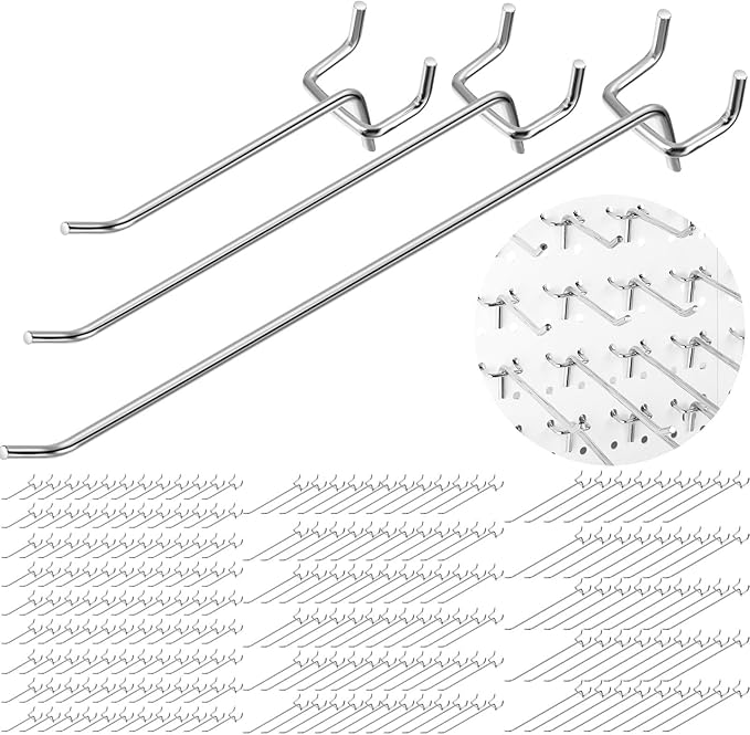Hicarer 200 Pcs Stainless Steel Pegboard Hooks Multiple Sizes Fit 1/4" or 1/8" Pegboard Ideal for Garage Tool Organization, Wall Storage(4 Inch, 6 Inch, 8 Inch)