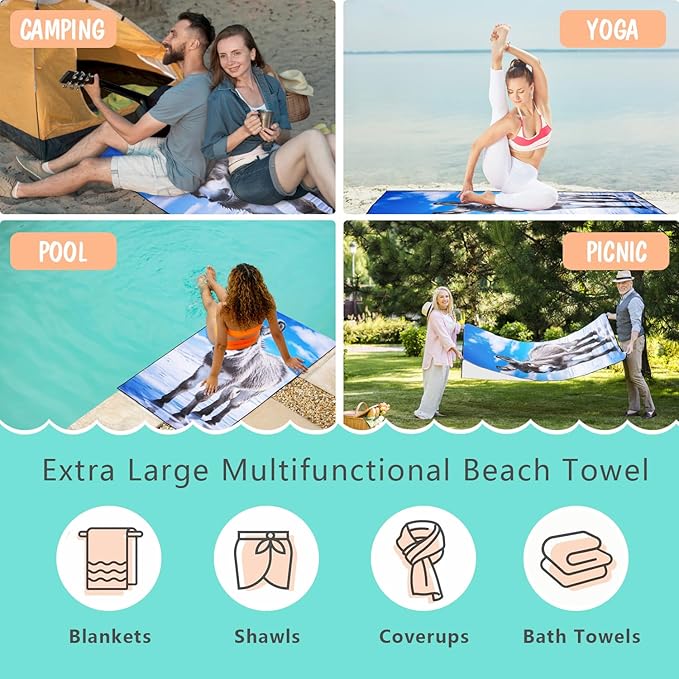 Icefield Donkey Beach Towel Oversized 36" x 72", Thin Lightweight Sand Free Quick Dry Microfiber Towel for Swimming Pool Cruise Camping Travel