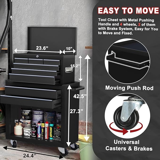 8-Drawer Rolling Tool Chest with Wheels - High Capacity Tool Cabinet with Detachable Top Toolbox for Garage and Workshop Organization - Metal Tool Cart with Liner & 6 Hooks, Black
