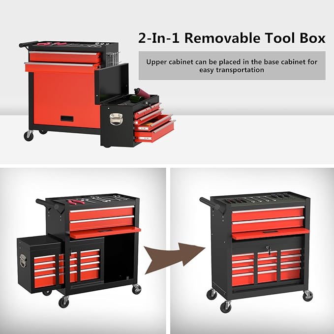 8 Drawer Tools Chest,42.9 inch Tool Cabinet with Universal Lockable Wheels，Organizable Tool Box with Detachable Top Box for Workshop，BlackRed