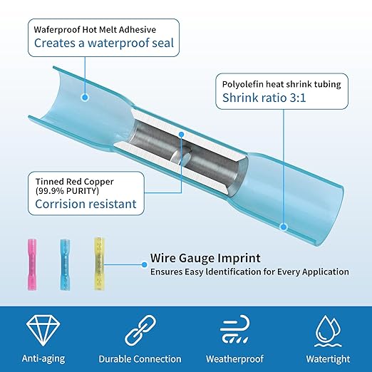 1000Pcs Heat Shrink Butt Connectors,16-14 AWG Blue Marine Grade Insulated Crimp Wire Connectors,Waterproof Electrical Connectors Butt Splice for Cable,Automotive,Boats,Home
