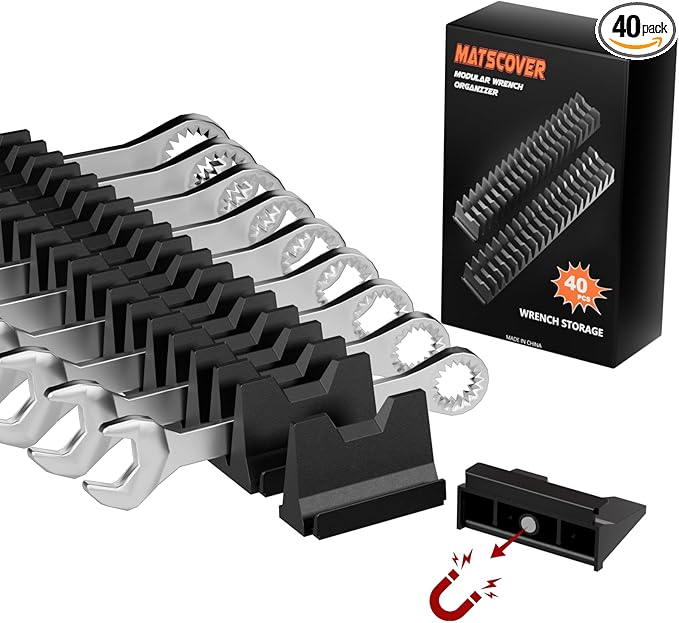 40PCS Magnetic Wrench Organizer Wrench Holder - Wrench Tool Organizers for Tool Drawer Storage, Wrench Storage Set with Metric & SAE Label, Wrench Rack Tool Gift for Professional Mechanics Men, Black