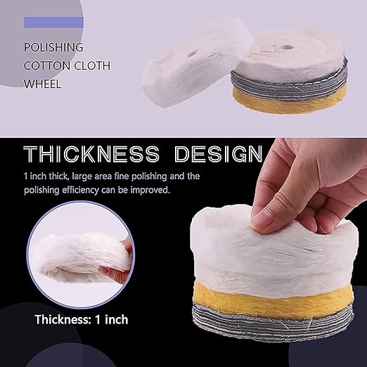 4'' Buffing Polishing Wheels with 3 Pcs Polishing Compounds/White Cotton (50-ply) /Yellow Cotton (36-ply)/Flannel (30-ply)/Denim and 1/4" Shank for Bench Grinders/Bench Buffer Rotary Tools