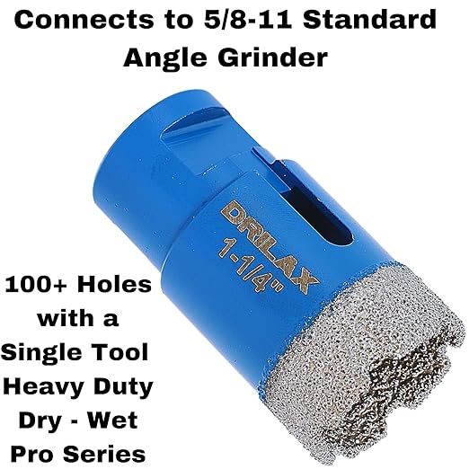 Drilax Pro Series 1-1/4 Inch Diamond Hole Saw for Angle Grinders | 1-3/8" Depth | 5/8"-11 Thread | Ideal for Faucets, RO Filters, Grab Bars & Dry Drilling | Long Life