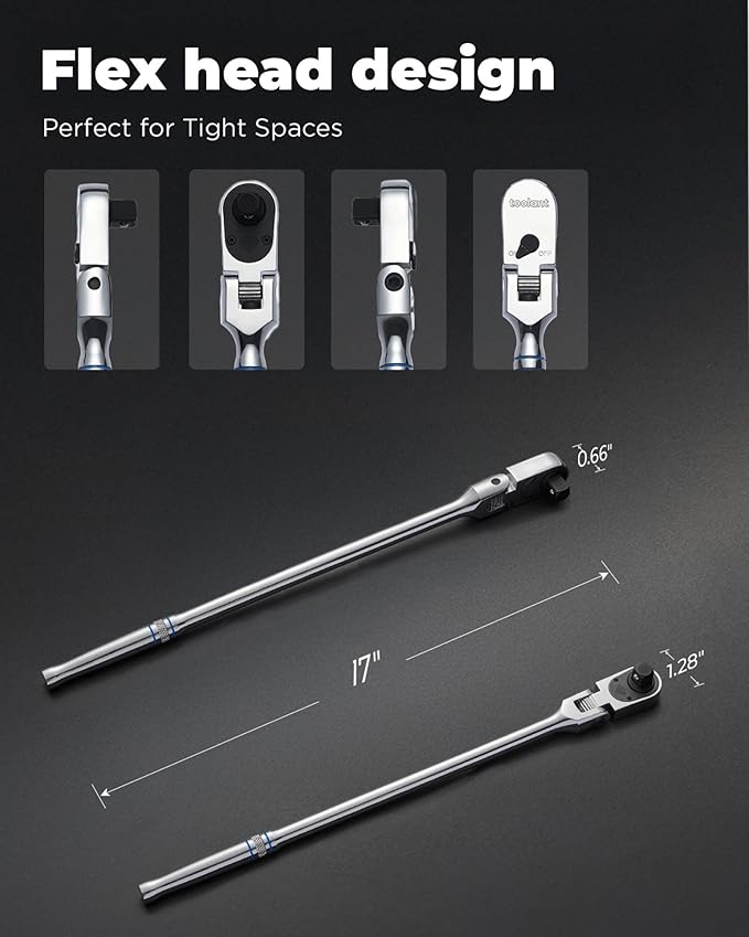 toolant 1/2" Drive Flex Head Ratchet, 90 Tooth Compact Flex Head Socket Ratchet Wrench, 17 Inch Length