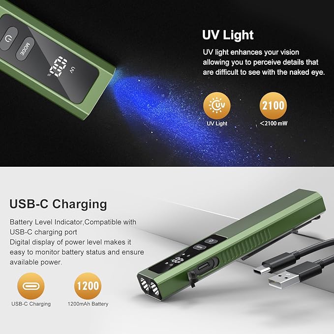 5-in-1 Rechargeable EDC Flat Flashlight, High Lumens Pocket Torch with White LED, UV, Magnetic Base & Clip, Compact Flat Flashlight for Camping, Emergency, Work with Bag (Green)
