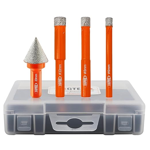 Dry Diamond Drill Bit Set - BGTEC 6/8/10mm Hole Saw and 1pc 4/5" Dimaond Chamfer bit for Granite Marble Porcelain Ceramic,Vacuum Brazed Diamond Core Drill Bit Kit