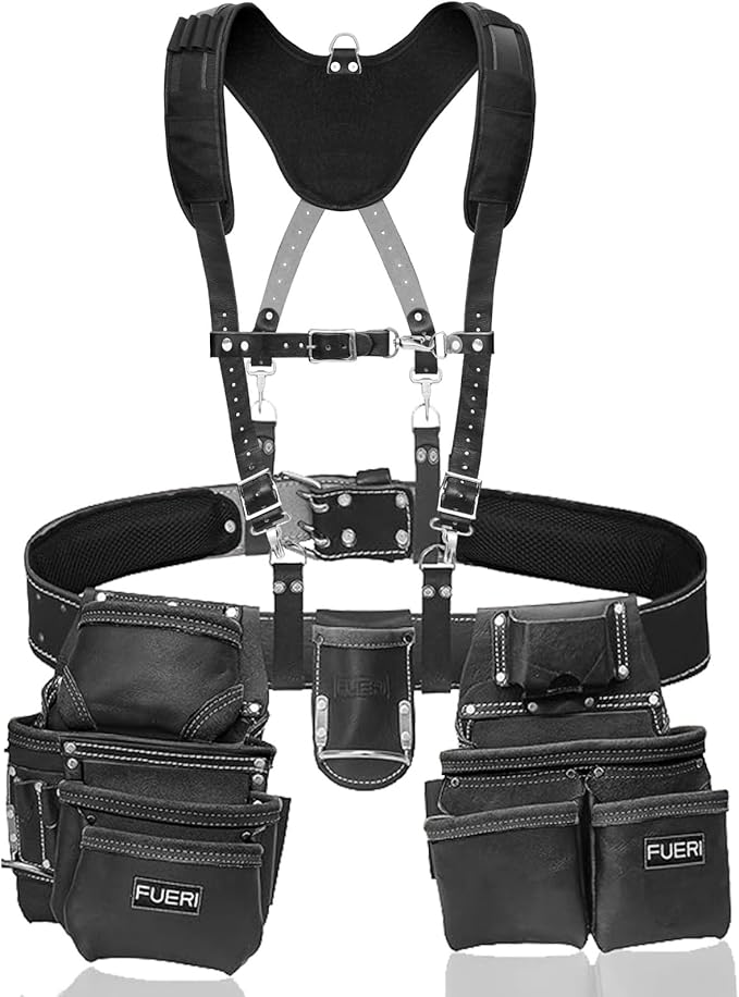 Heavy Duty 19 Pocket Leather Tool Belt Suspender Multipurpose Pockets Work Organizer Pouch Framing Fat Lip Tool Holder for Carpenter, Construction, Handyman, and Electrician Tool Belt Set