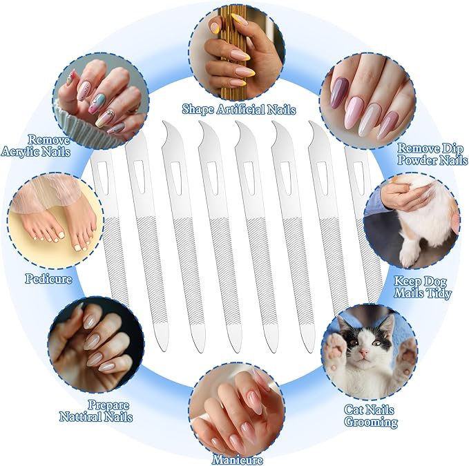 8pcs Metal Nail File Men, Stainless Steel Nail File for Natural Nails, 4.1 Inch Thin Metal Fingernail Files with Curved Sharp Pointed Tip Double Sided Manicure Pedicure Toenails Tools